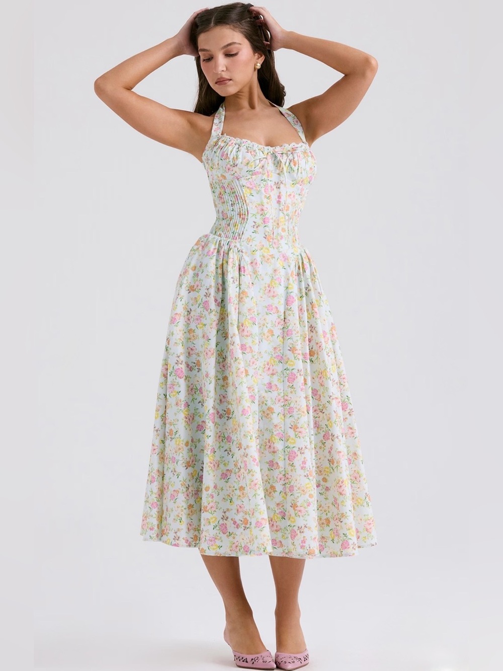 House of Cb Arabella pale blue meadow print cotton halter sundress